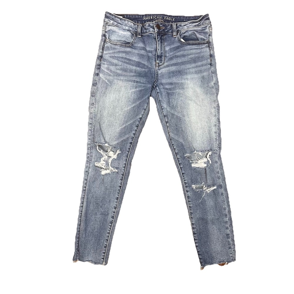 American Eagle Women's Distressed Stretch Mid-Rise Blue Jegging Jeans Sz 10